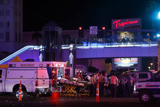 Medical workers stage in the intersection of Tropicana Avenue and Las Vegas Boulevard South after a mass shooting at a music festival on the Las Vegas Strip on Sunday (Steve Marcus/Las Vegas Sun)